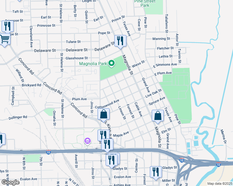 map of restaurants, bars, coffee shops, grocery stores, and more near 2627 Forrest Street in Beaumont