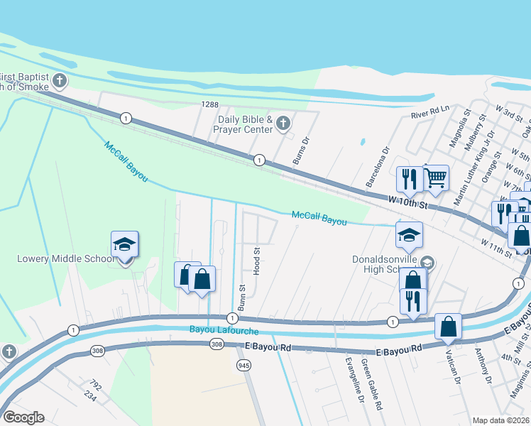 map of restaurants, bars, coffee shops, grocery stores, and more near 35491 Louisiana 1 in Donaldsonville