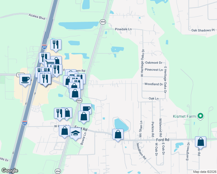 map of restaurants, bars, coffee shops, grocery stores, and more near 22550 Yancy Road in Porter