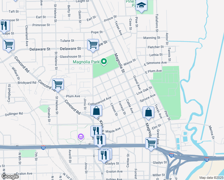 map of restaurants, bars, coffee shops, grocery stores, and more near 2627 Forrest Street in Beaumont