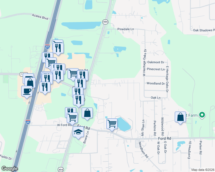 map of restaurants, bars, coffee shops, grocery stores, and more near 22550 Yancy Road in Porter