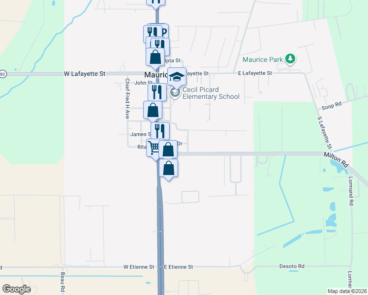 map of restaurants, bars, coffee shops, grocery stores, and more near 207 Milton Road in Maurice