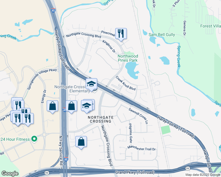 map of restaurants, bars, coffee shops, grocery stores, and more near Hardy Freeway in Spring