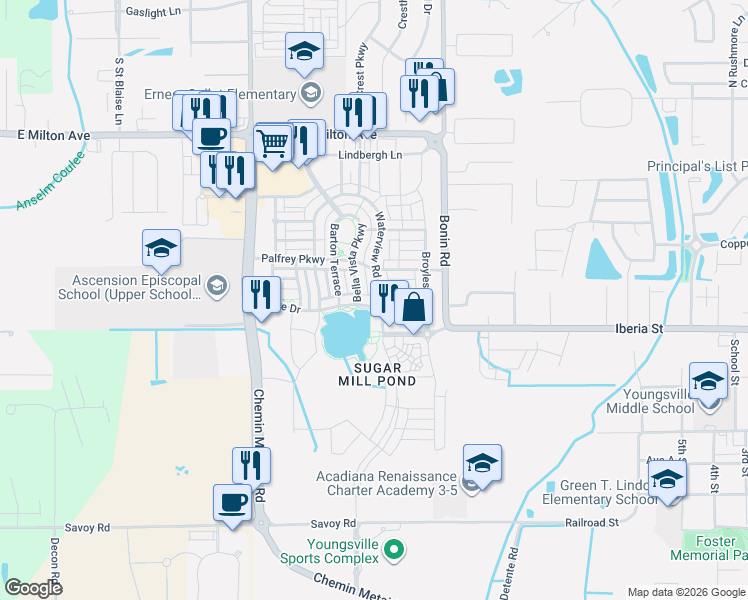 map of restaurants, bars, coffee shops, grocery stores, and more near 303 Waterview Road in Youngsville