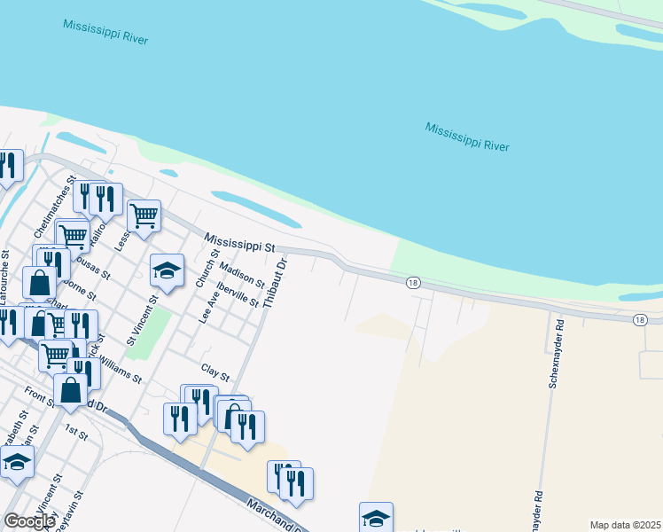 map of restaurants, bars, coffee shops, grocery stores, and more near 1140 Mississippi Street in Donaldsonville