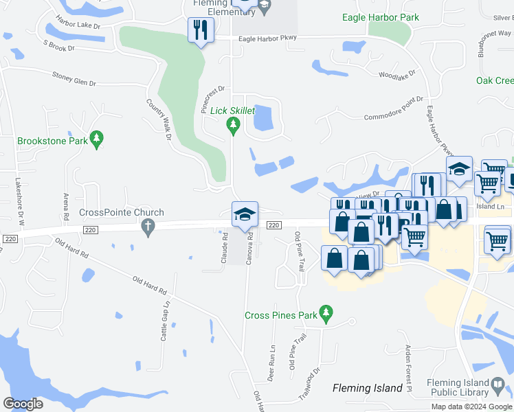 map of restaurants, bars, coffee shops, grocery stores, and more near 704 Pond Ridge Court in Fleming Island
