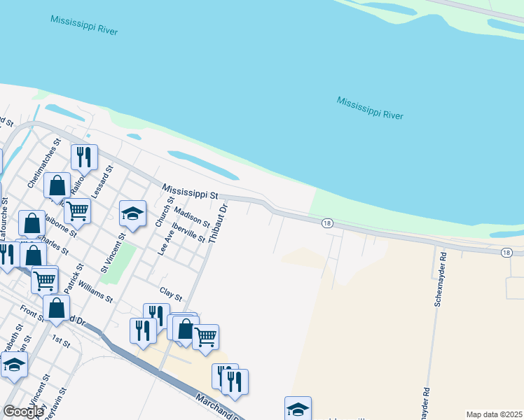 map of restaurants, bars, coffee shops, grocery stores, and more near 1140 Mississippi Street in Donaldsonville