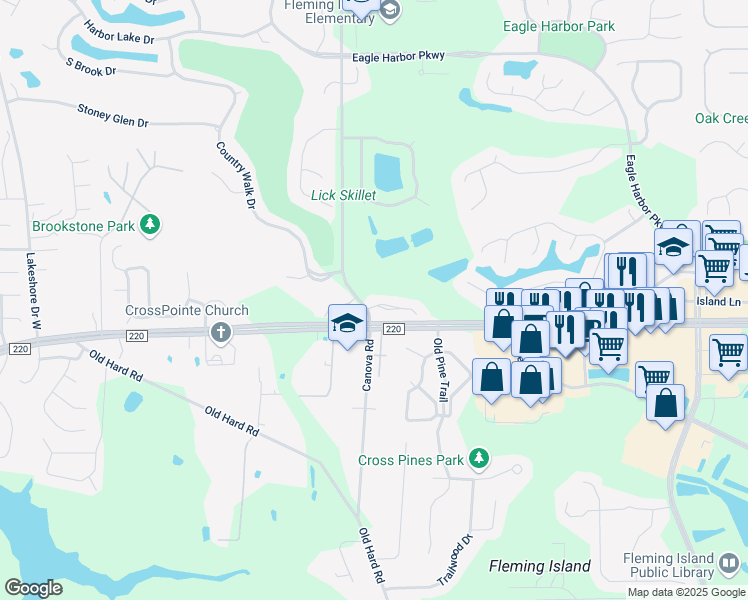 map of restaurants, bars, coffee shops, grocery stores, and more near 704 Pond Ridge Court in Fleming Island