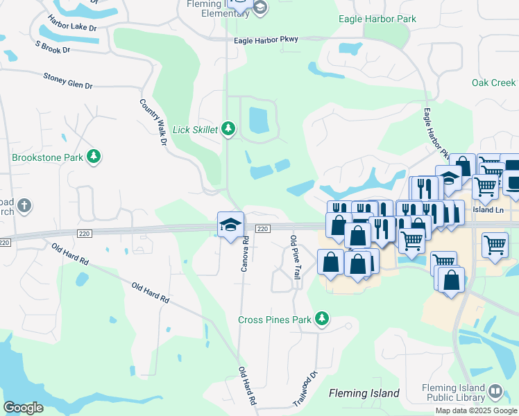 map of restaurants, bars, coffee shops, grocery stores, and more near 704 Pond Ridge Court in Fleming Island