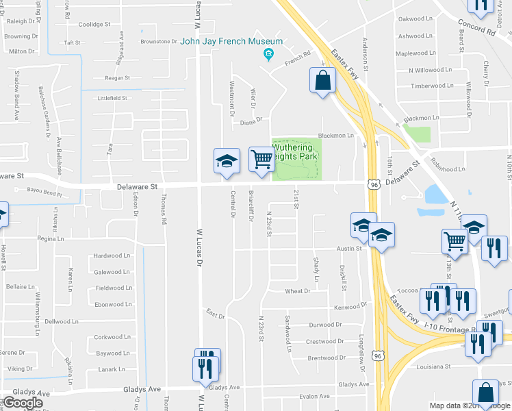 map of restaurants, bars, coffee shops, grocery stores, and more near 2294 Briarcliff Drive in Beaumont