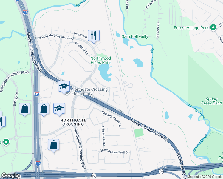 map of restaurants, bars, coffee shops, grocery stores, and more near 714 Slate Valley Lane in Spring