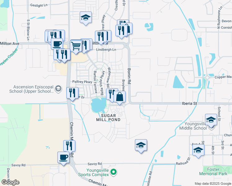 map of restaurants, bars, coffee shops, grocery stores, and more near 104 Gaunt Lane in Youngsville