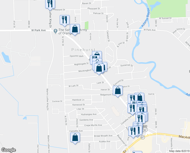 map of restaurants, bars, coffee shops, grocery stores, and more near 3400 Martin Street in Orange