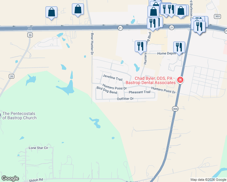 map of restaurants, bars, coffee shops, grocery stores, and more near 307 Bird Dog Bend in Bastrop