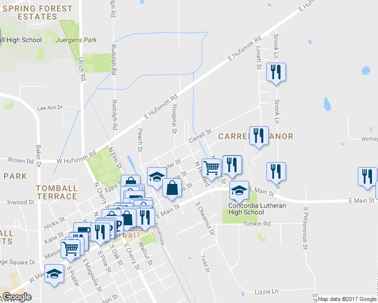 map of restaurants, bars, coffee shops, grocery stores, and more near 420 Foster Street in Tomball