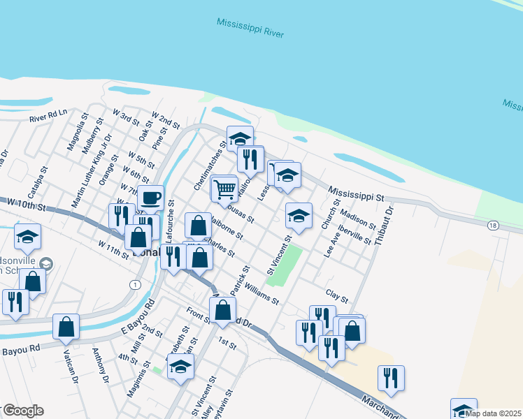 map of restaurants, bars, coffee shops, grocery stores, and more near 507 Nicholls Street in Donaldsonville