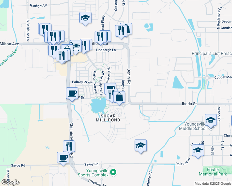 map of restaurants, bars, coffee shops, grocery stores, and more near 104 Gaunt Lane in Youngsville