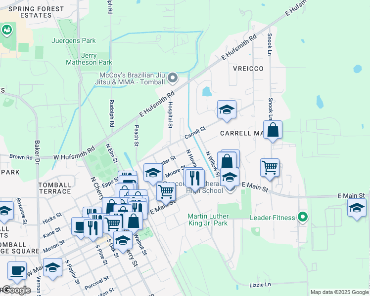 map of restaurants, bars, coffee shops, grocery stores, and more near 403 North Howard Street in Tomball