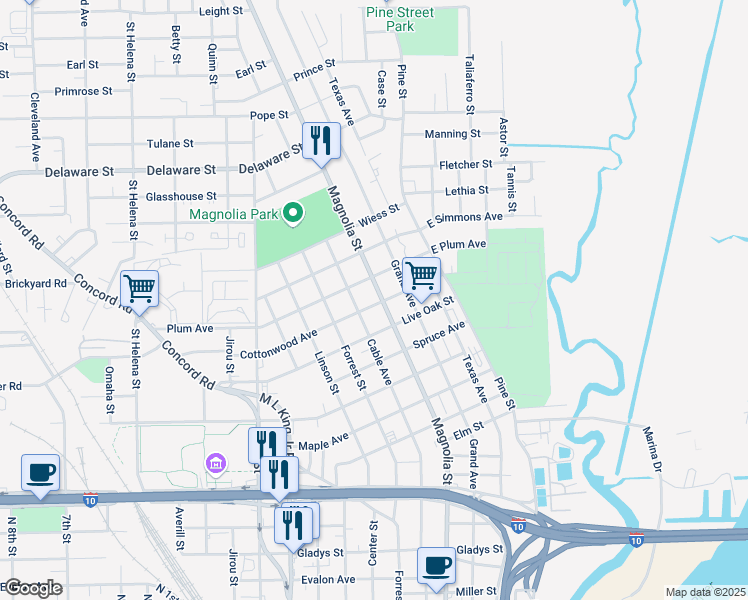 map of restaurants, bars, coffee shops, grocery stores, and more near 2516 Magnolia Street in Beaumont