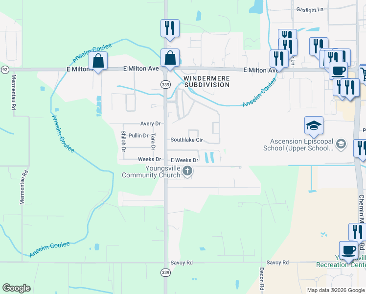 map of restaurants, bars, coffee shops, grocery stores, and more near 113 Twin Lakes Dr in Youngsville