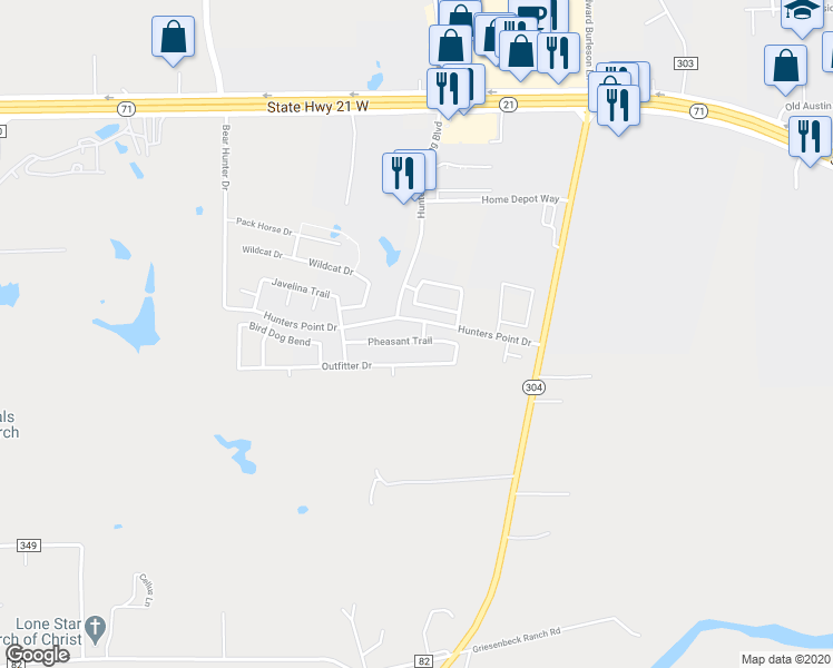 map of restaurants, bars, coffee shops, grocery stores, and more near 103 Peccary Pass in Bastrop