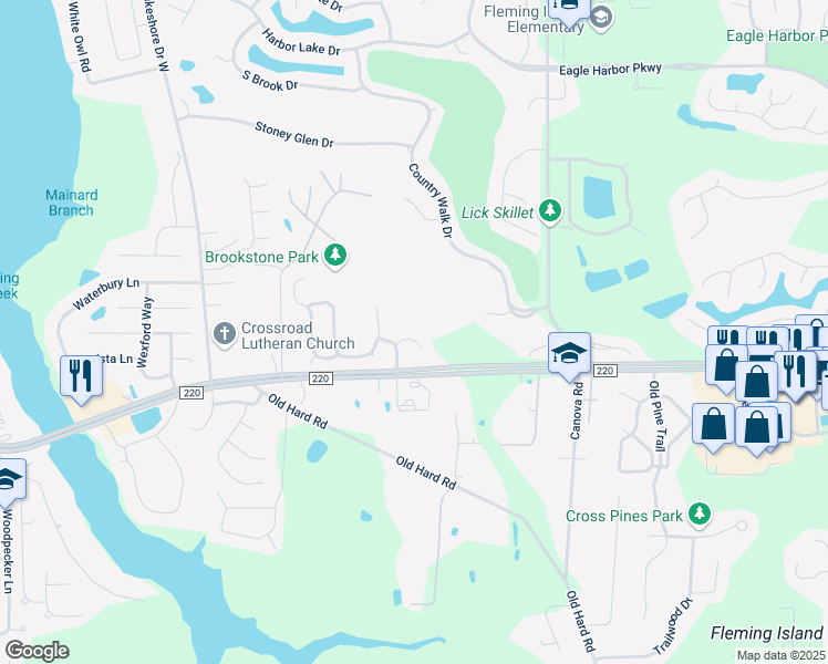 map of restaurants, bars, coffee shops, grocery stores, and more near 2120 Pebble Creek Lane in Fleming Island