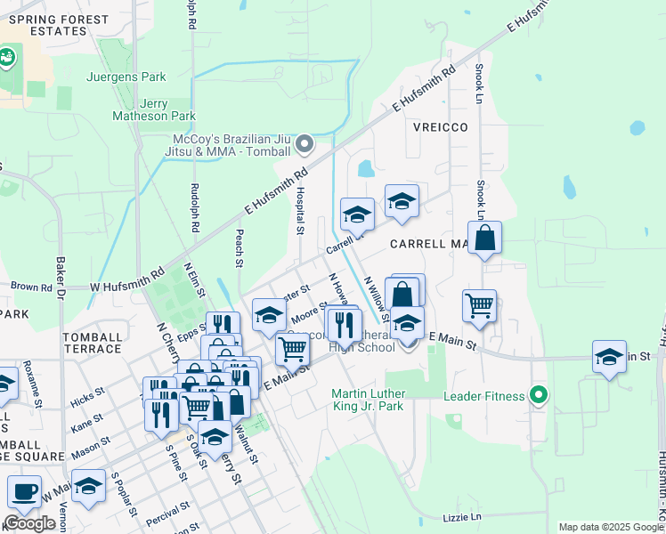 map of restaurants, bars, coffee shops, grocery stores, and more near 403 North Howard Street in Tomball