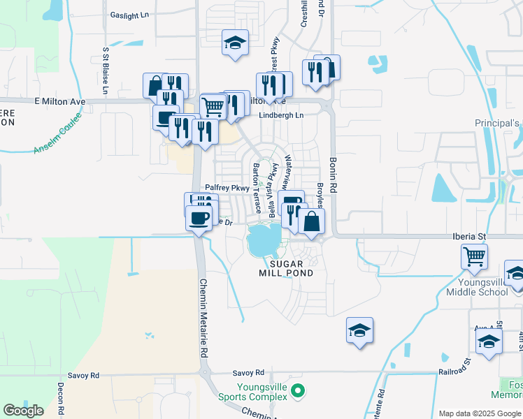 map of restaurants, bars, coffee shops, grocery stores, and more near 106 Barton Terrace in Youngsville