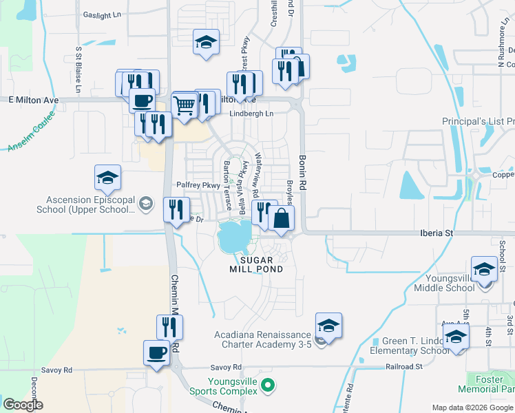 map of restaurants, bars, coffee shops, grocery stores, and more near Waterview Road in Youngsville