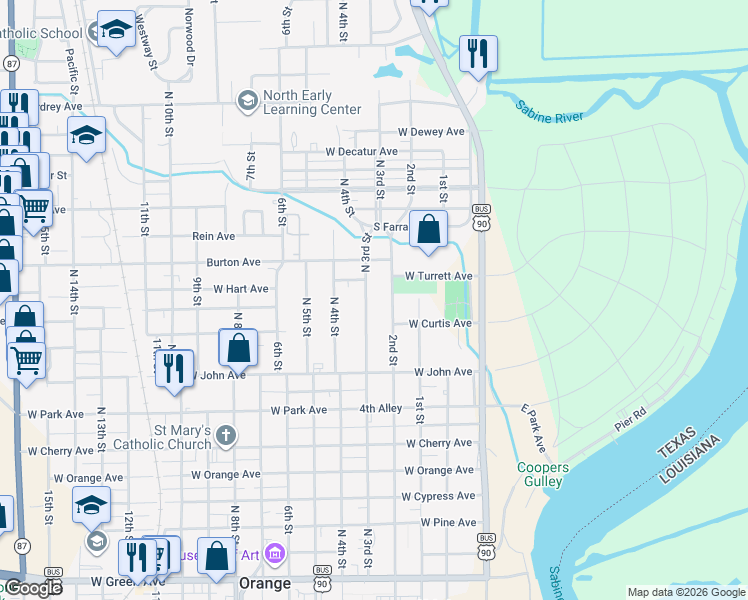 map of restaurants, bars, coffee shops, grocery stores, and more near 1306 North 3rd Street in Orange