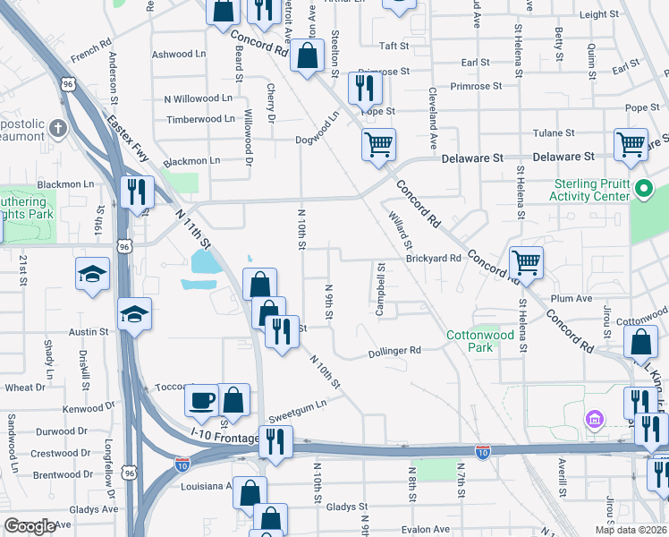 map of restaurants, bars, coffee shops, grocery stores, and more near 2730 North 9th Street in Beaumont