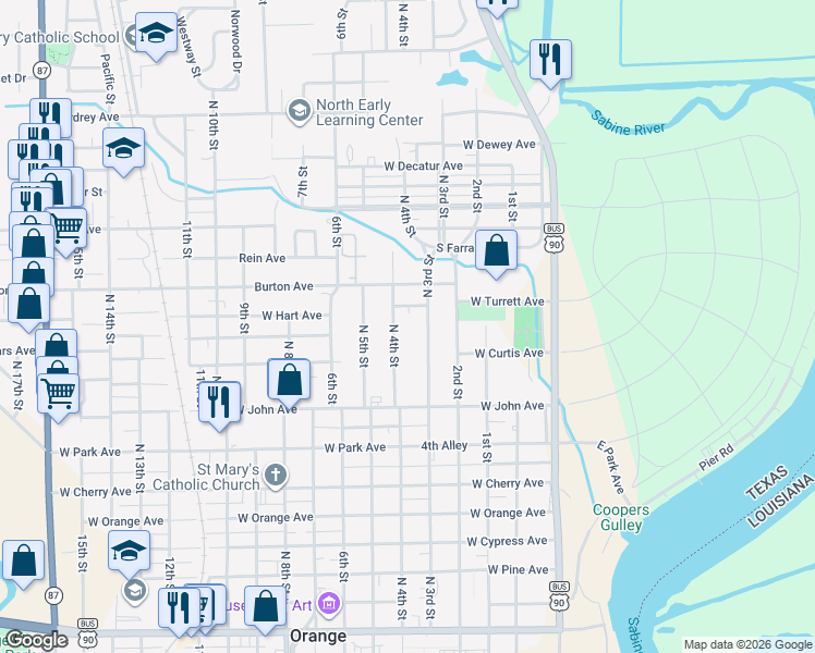 map of restaurants, bars, coffee shops, grocery stores, and more near 1308 North 4th Street in Orange
