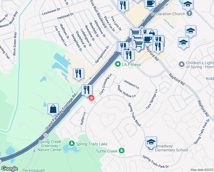 map of restaurants, bars, coffee shops, grocery stores, and more near 2207 Caroline Park Lane in Spring