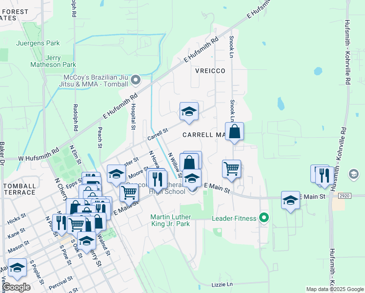 map of restaurants, bars, coffee shops, grocery stores, and more near 608 Moore Street in Tomball