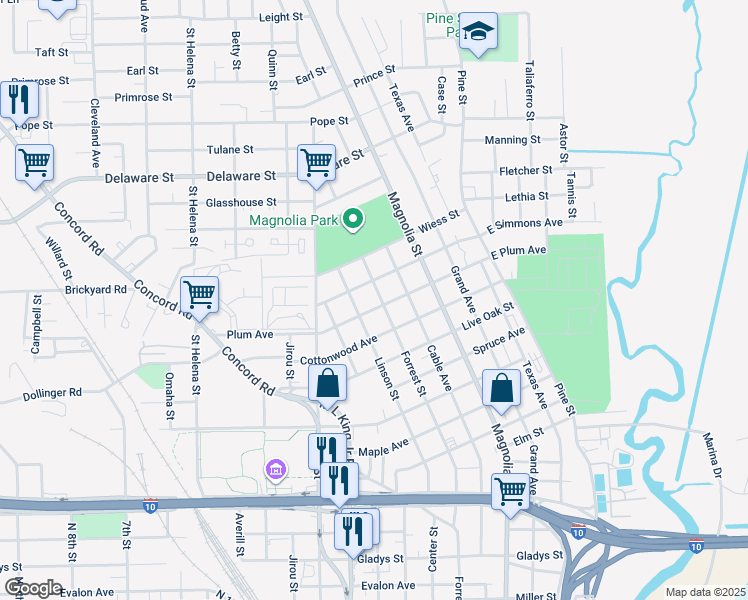 map of restaurants, bars, coffee shops, grocery stores, and more near 2627 Forrest St in Beaumont