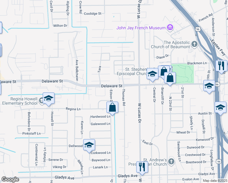 map of restaurants, bars, coffee shops, grocery stores, and more near 2225 Thomas Road in Beaumont