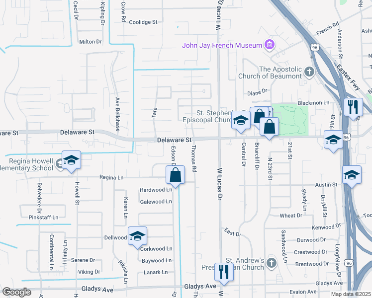 map of restaurants, bars, coffee shops, grocery stores, and more near 2225 Thomas Road in Beaumont