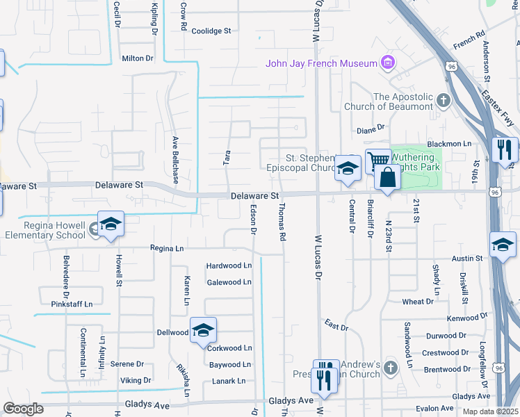 map of restaurants, bars, coffee shops, grocery stores, and more near 2240 Edson Drive in Beaumont