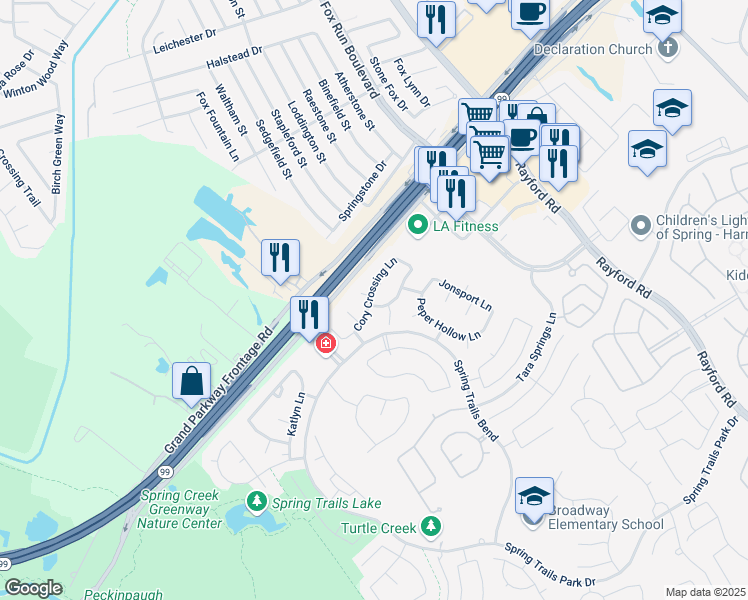 map of restaurants, bars, coffee shops, grocery stores, and more near 2207 Caroline Park Lane in Spring