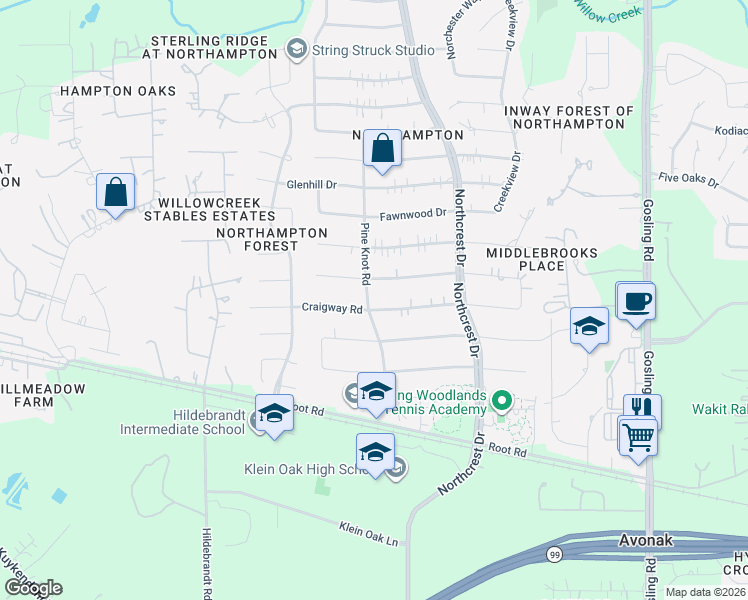 map of restaurants, bars, coffee shops, grocery stores, and more near 6330 Craigway Road in Spring