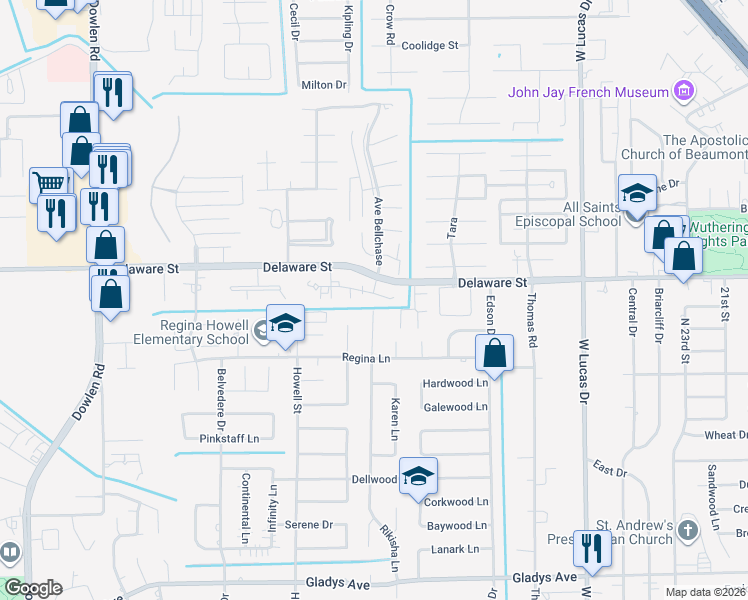 map of restaurants, bars, coffee shops, grocery stores, and more near 3 Bayou Bend Place in Beaumont