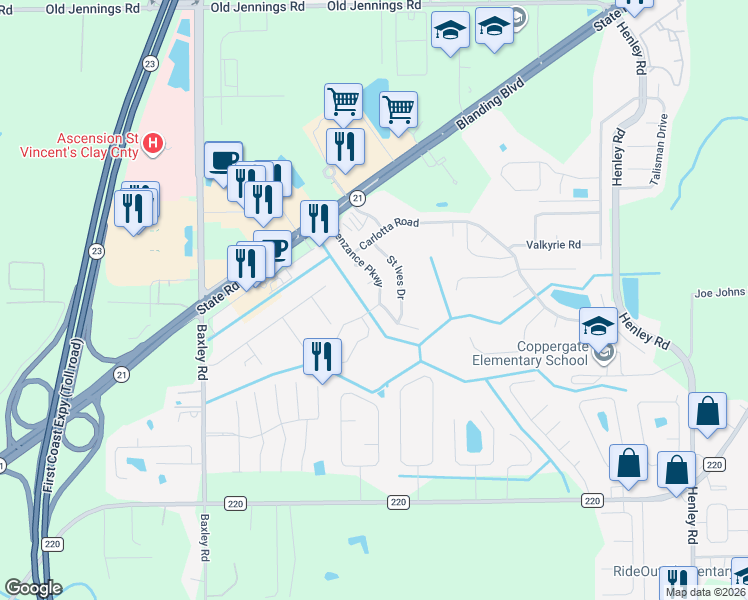 map of restaurants, bars, coffee shops, grocery stores, and more near 1764 Penzance Parkway in Middleburg