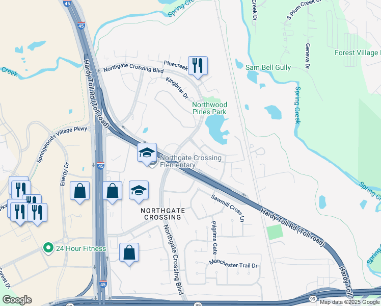 map of restaurants, bars, coffee shops, grocery stores, and more near 23550 Northgate Crossing Boulevard in Spring