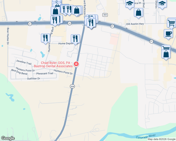 map of restaurants, bars, coffee shops, grocery stores, and more near 243 Highway 304 in Bastrop