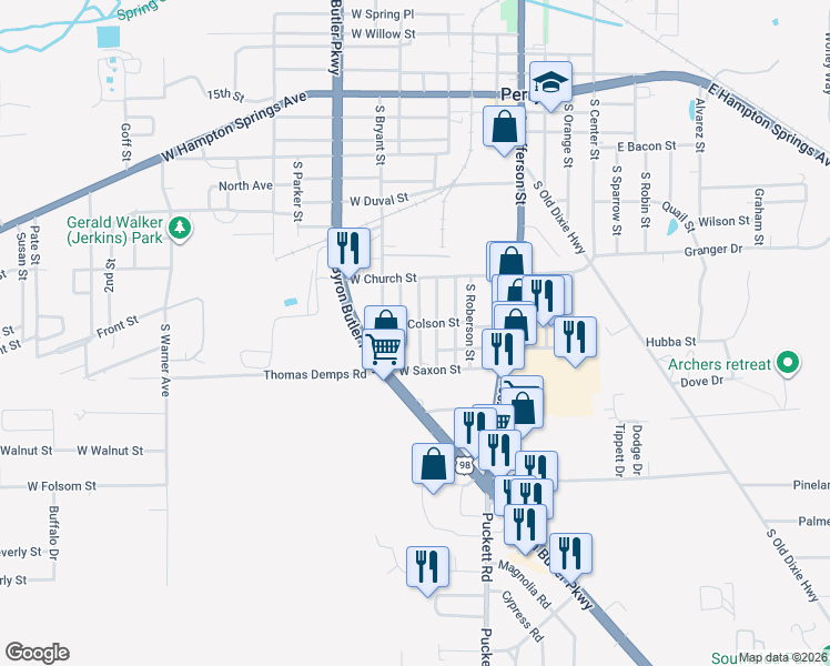 map of restaurants, bars, coffee shops, grocery stores, and more near 1605 South Woodard Street in Perry