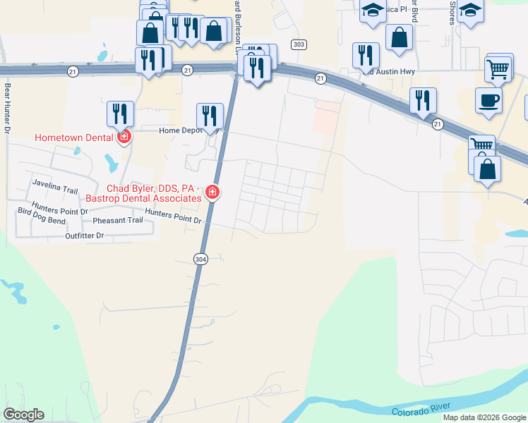 map of restaurants, bars, coffee shops, grocery stores, and more near 243 Highway 304 in Bastrop