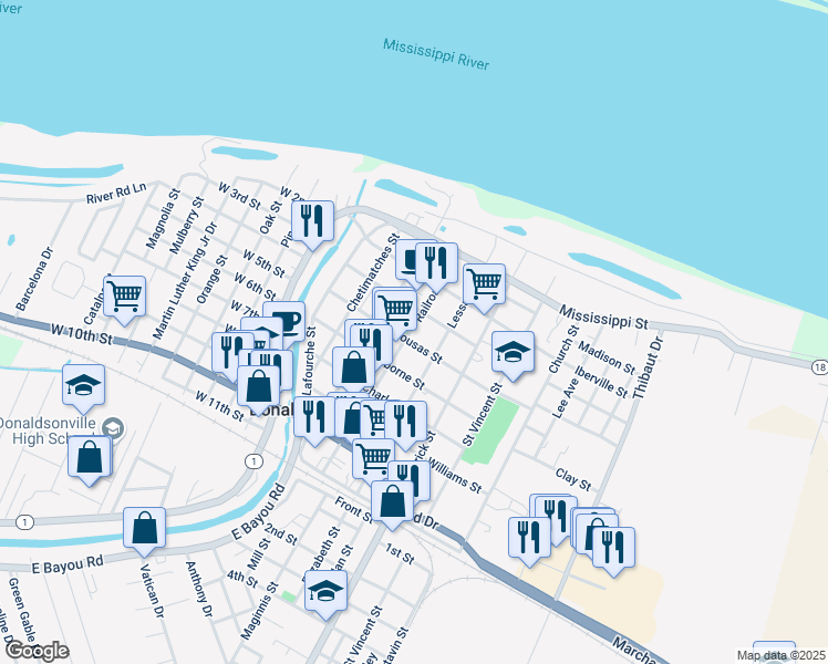 map of restaurants, bars, coffee shops, grocery stores, and more near 317 Railroad Ave in Donaldsonville