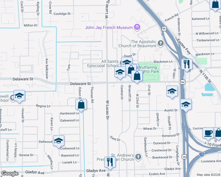 map of restaurants, bars, coffee shops, grocery stores, and more near 2328 W Lucas Dr in Beaumont