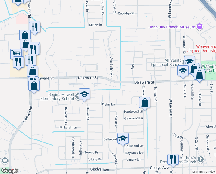 map of restaurants, bars, coffee shops, grocery stores, and more near 3 Bayou Bend Place in Beaumont