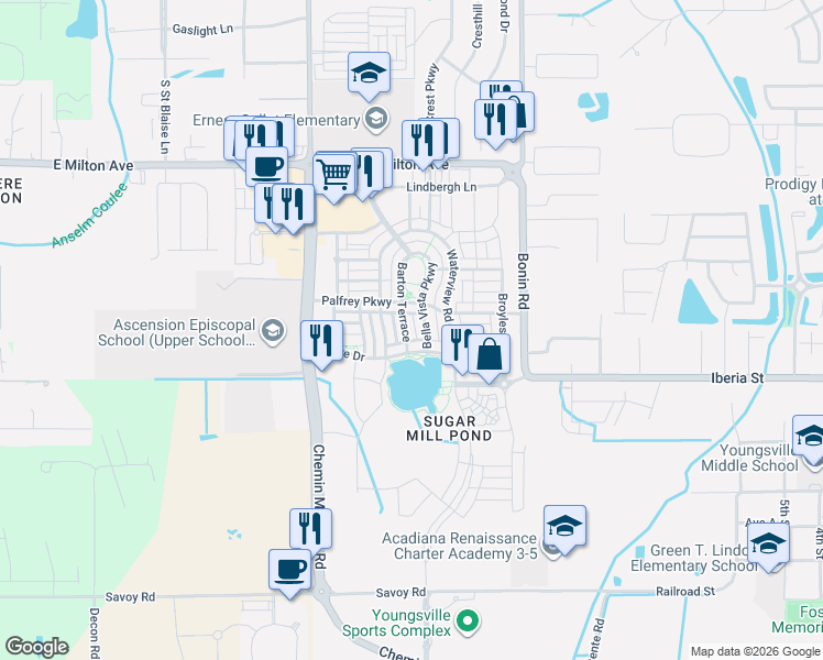 map of restaurants, bars, coffee shops, grocery stores, and more near 106 Barton Terrace in Youngsville